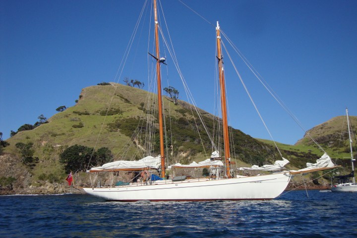 Classic white boat on a small island